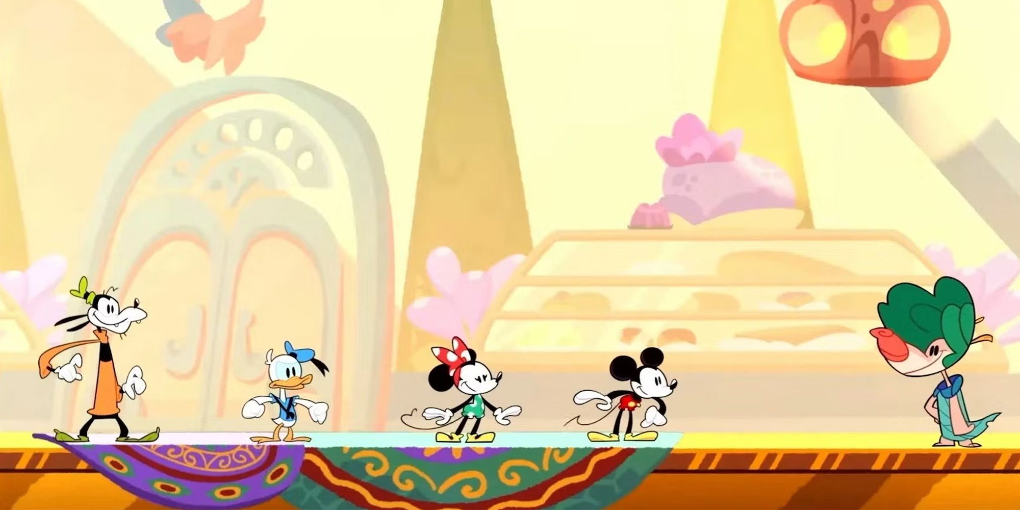Disney Illusion Island - Mickey, Minnie, Donald, and Goofy talking to an NPC