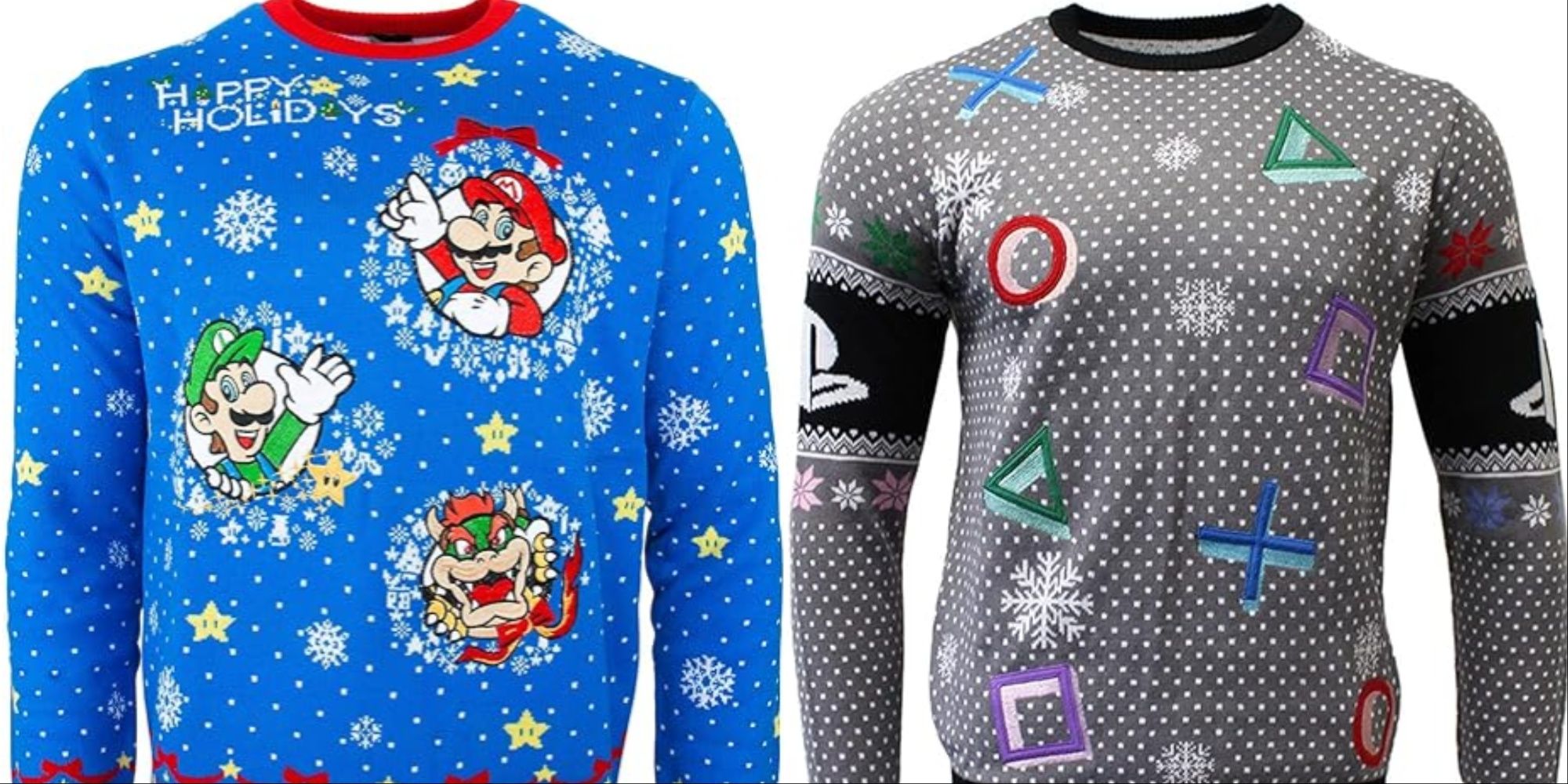 Gaming Christmas Jumper Featured Split Image Mario Christmas Jumper and PlayStation Christmas Jumper