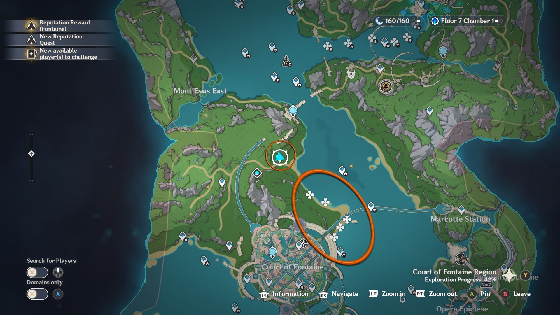 Genshin Impact romaritime flower cluster one circled on the in-game map in orange with white clover markings to represent romaritime flower locations. The best waypoint to use is also circled in orange.