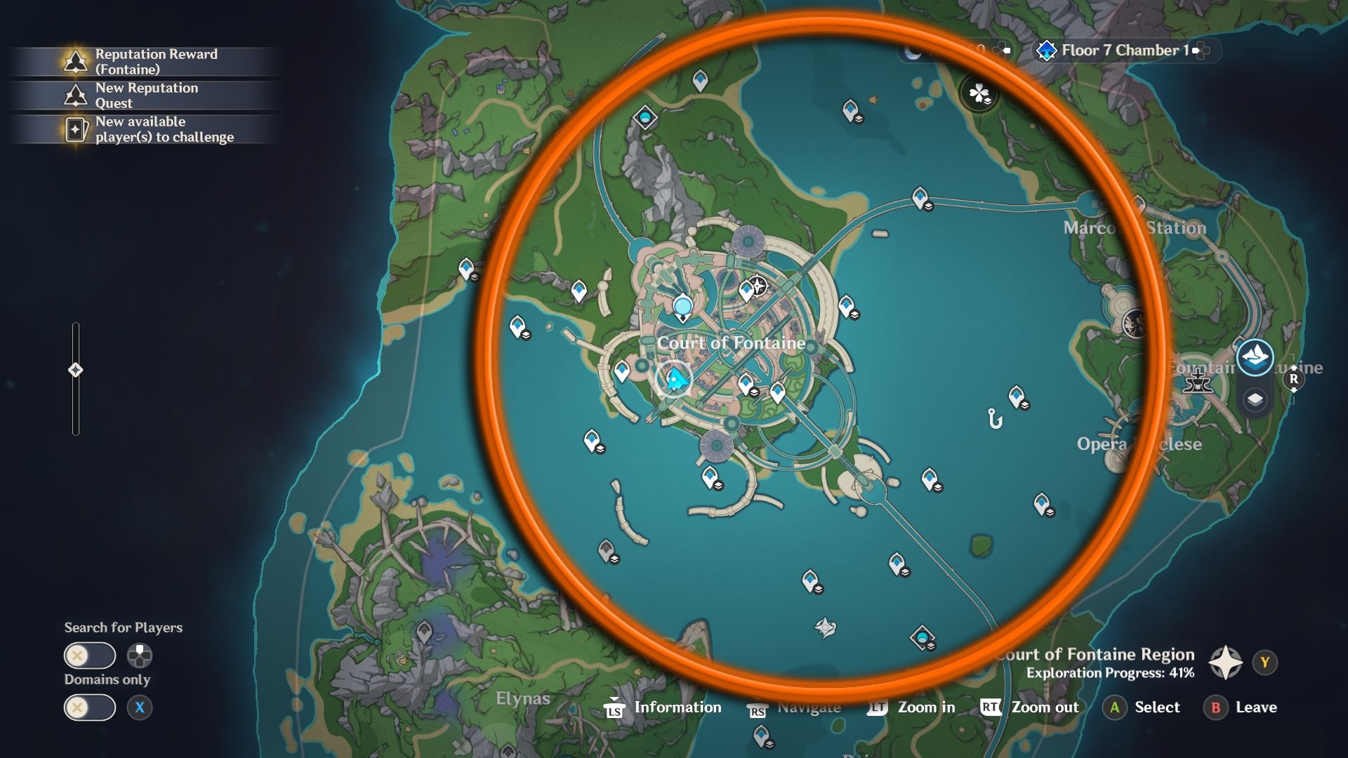 Genshin Impact romaritime flower farming area circled in orange around the Court of Fontaine and extending to Marcotte Station.