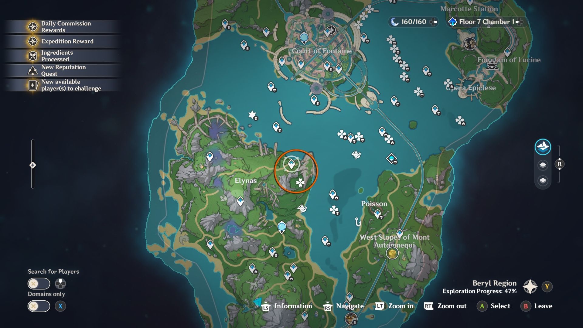 Genshin Impact in-game map showing a clover symbol and waypoint circled in orange to depict a location for romaritime flowers. 