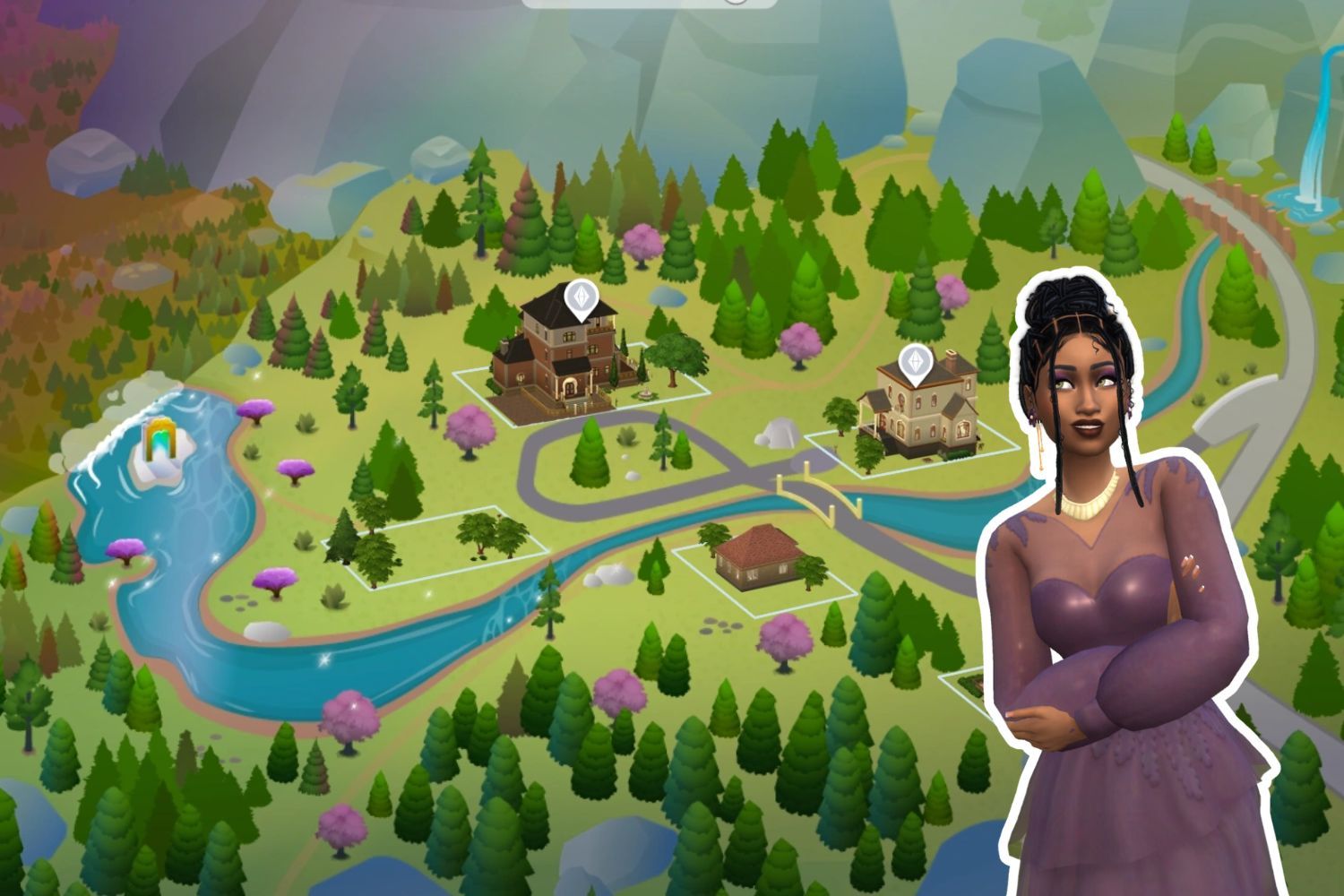 In a whimsical dress, the feminine Sim looks up at a map of Glimmerbrook.