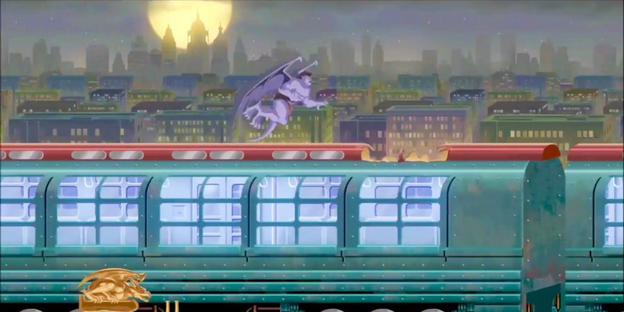 Goliath running on top of a train in Gargoyles Remastered