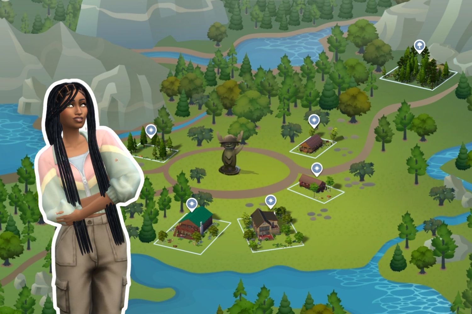 The Sim from the other photos wears an outdoorsy ensemble and stands in good spirits over a map of Granite Falls.