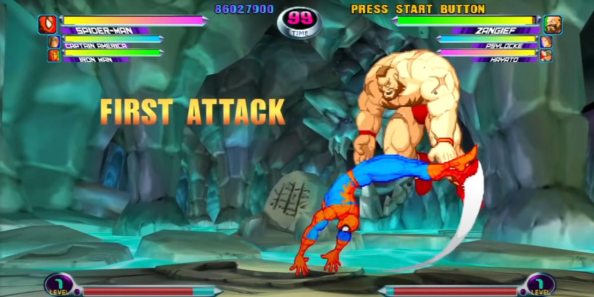 Marvel vs Capcom 2 - Spider-Man kicking Zangief from Street Fighter
