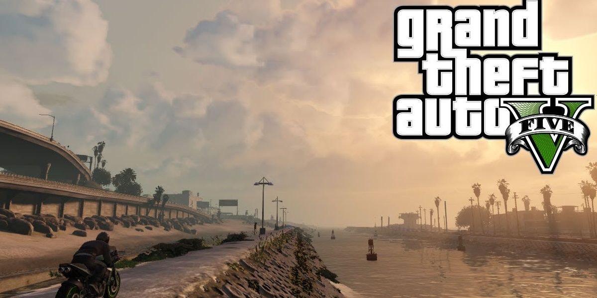 Grand Theft Auto V Player Riding Motorbike Along The Canal At Dusk