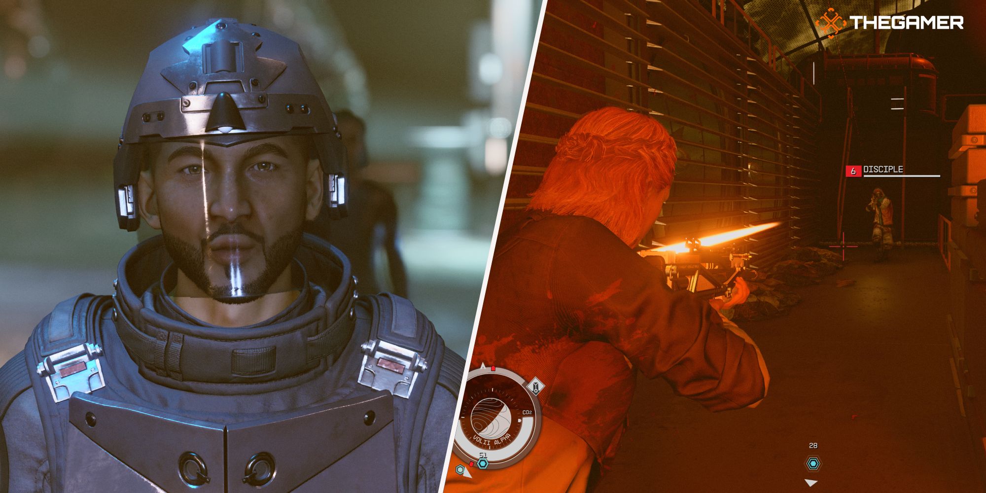 Starfield: Left: Neon security guard, Right: shooting at a Disciple.