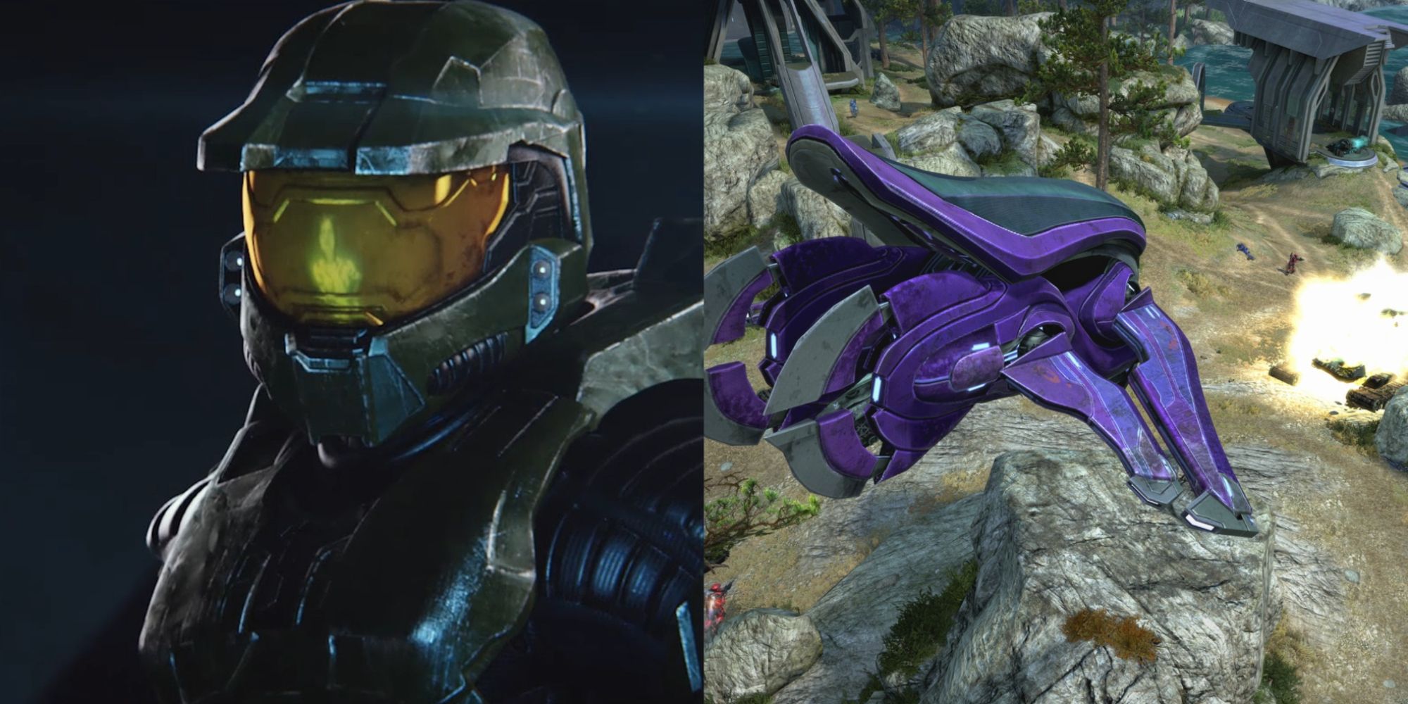 Halo Master Chief Collection Featured Split Image Of Master Chief and Banshee