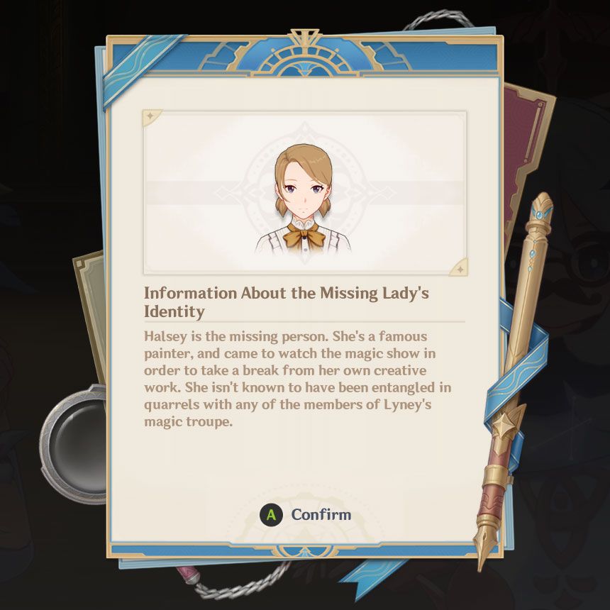 An image depicting a notebook page with key information about the Missing Lady's Identity, a clue in Lyney's case in Genshin Impact.