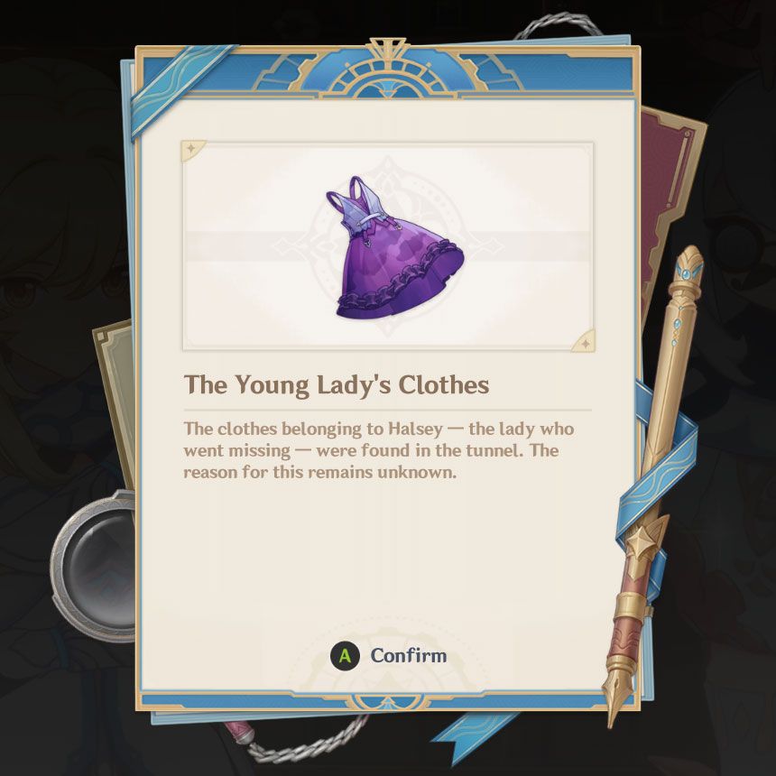 An image depicting a notebook page with key information about The Young Lady's Clothes, a clue in Lyney's case in Genshin Impact.