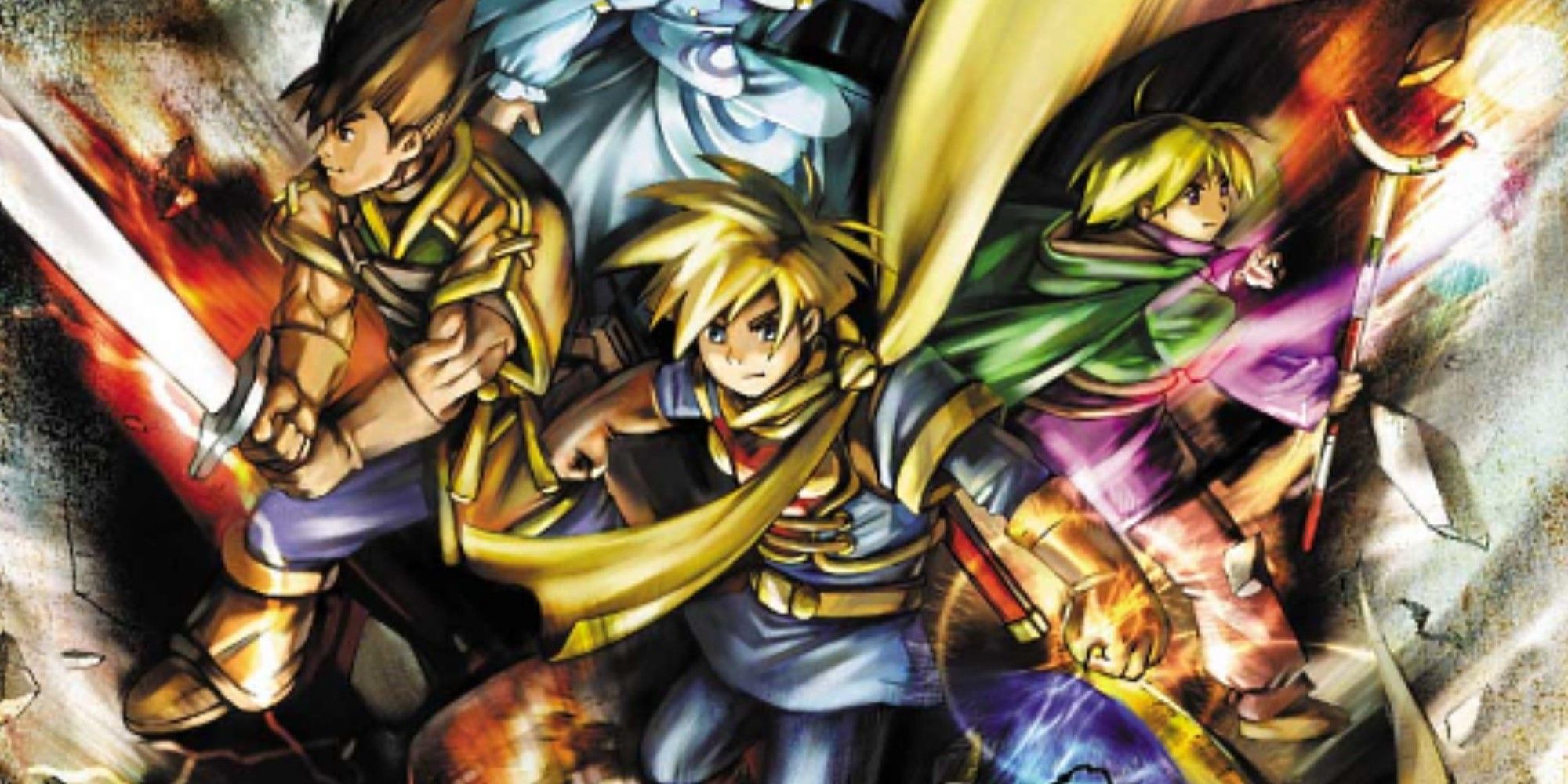 The heroes of Golden Sun caught in a wave of light.