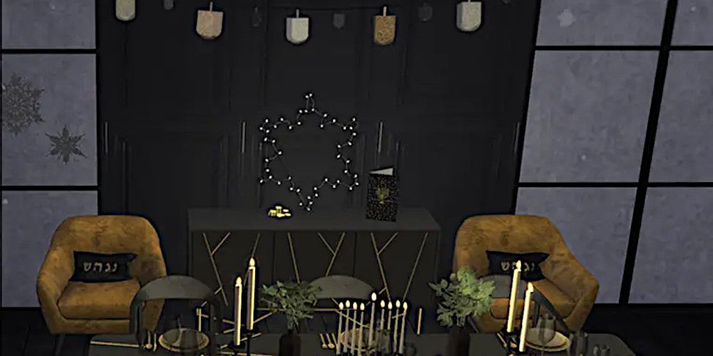 A tastefully decorated Hanukkah-themed tablescape in The Sims 4, complete with a dreidel garland and fairy lights forming a star of David