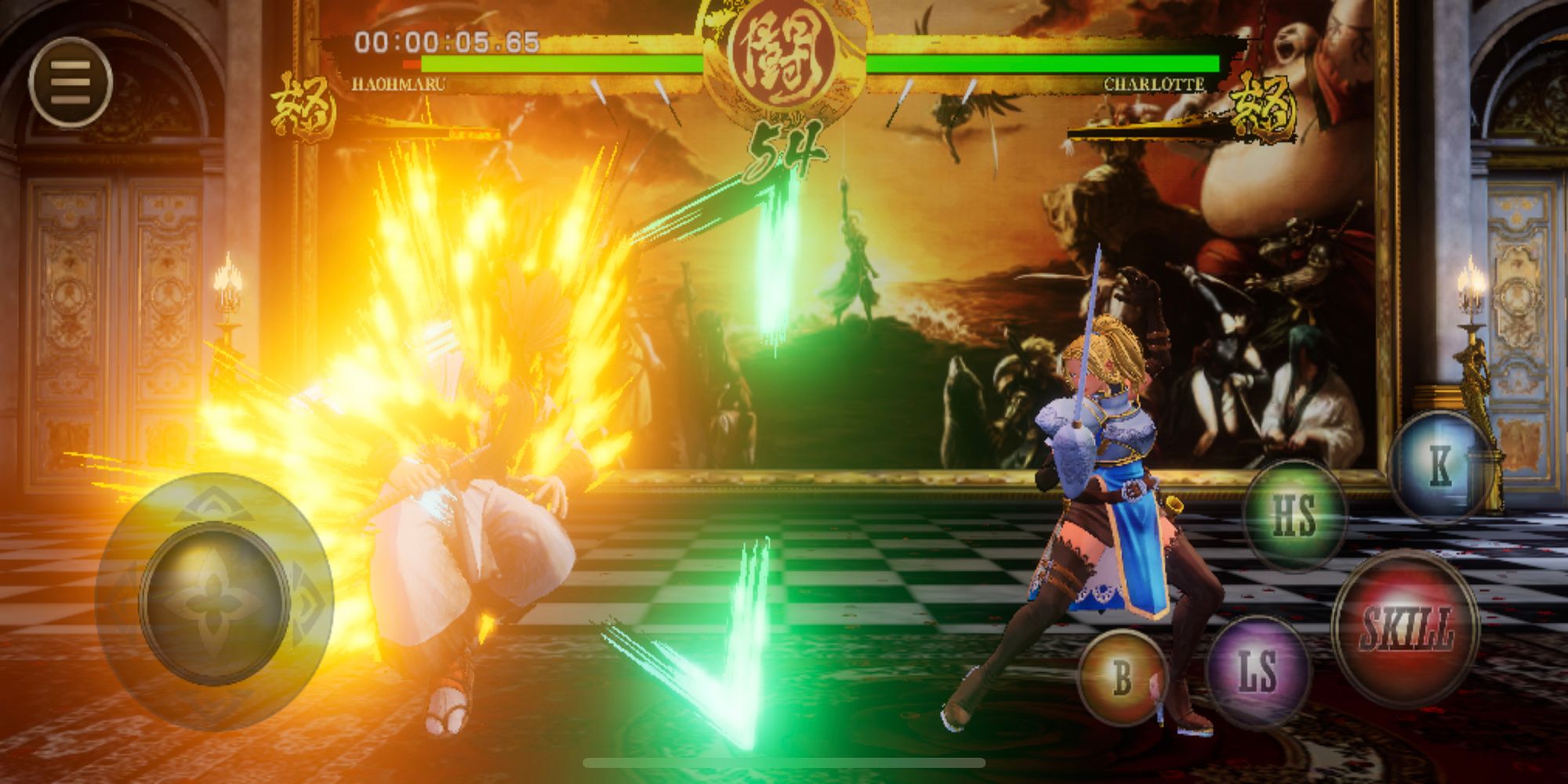 Charlotte strikes Haohmaru with a green projectile attack during a battle at the Versailles Palace in Samurai Shodown iOS.