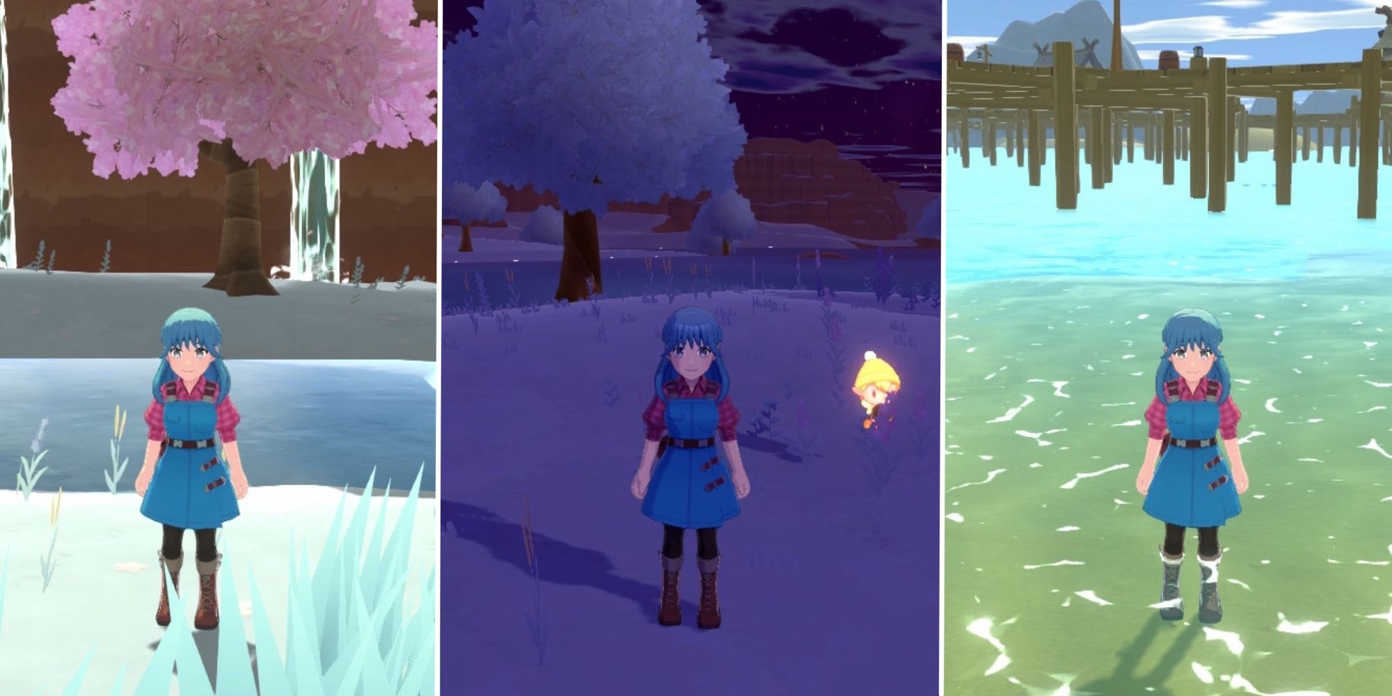 Harvest Moon, der Avatar „The Winds Of Anthos“, steht auf einer verschneiten Insel im mittleren Bild neben einem Energieirrlicht.  Im rechten Bereich steht der Avatar auf Eis und im rechten Bereich steht der Avatar auf einer Sandbank im Wasser. 