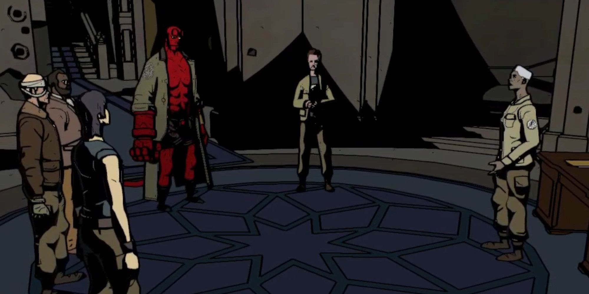 A gameplay screenshot showing Hellboy with other five characters standing in the middle of a circular room.