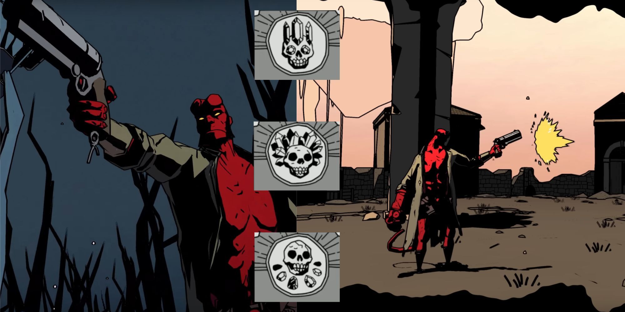 Collage Of Hellboy From Game Aiming Weapons With Wyrd Modifier Icons Down Center