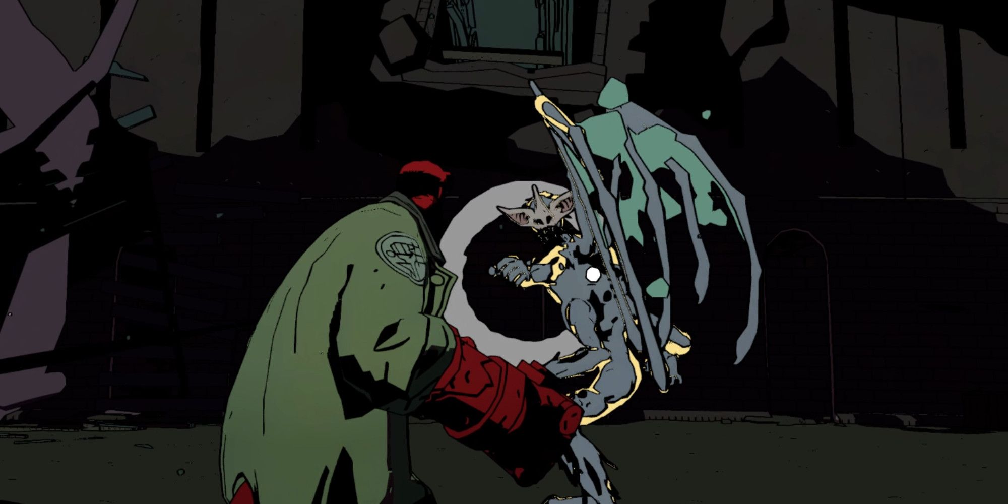 Hellboy prepares for punch from bat