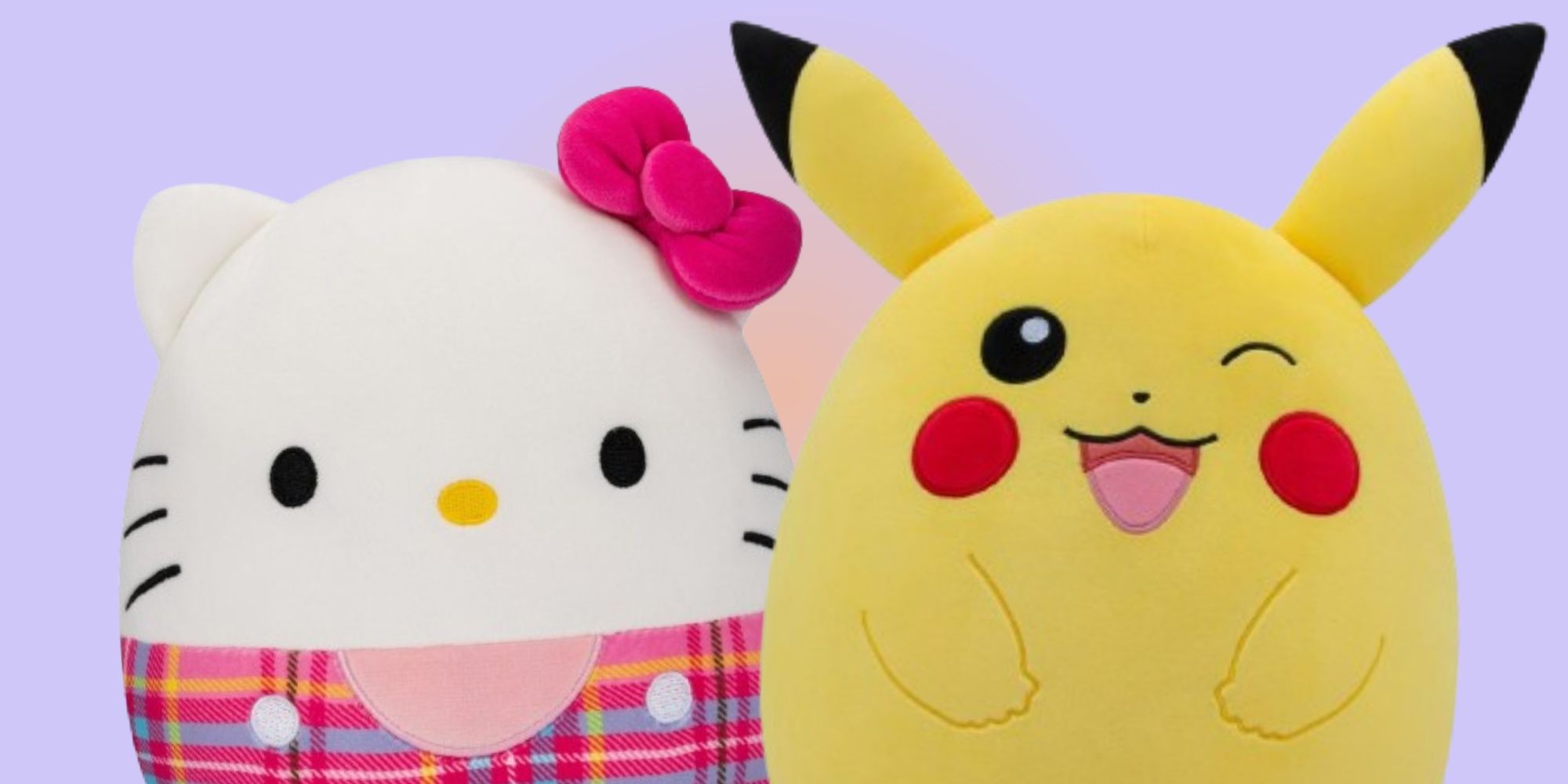 Hello Kitty Pikachu Squishmallows on a gradient background