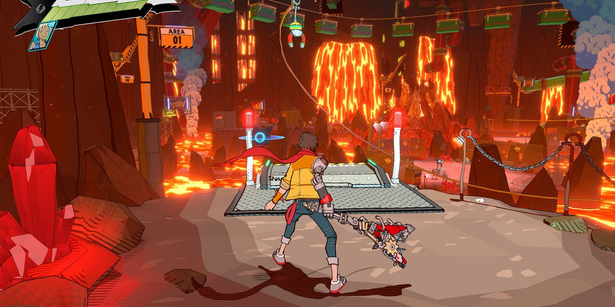 A third-person view of protagonist Chai wielding a grungy, scrappy guitar in a lava-flowing arena.