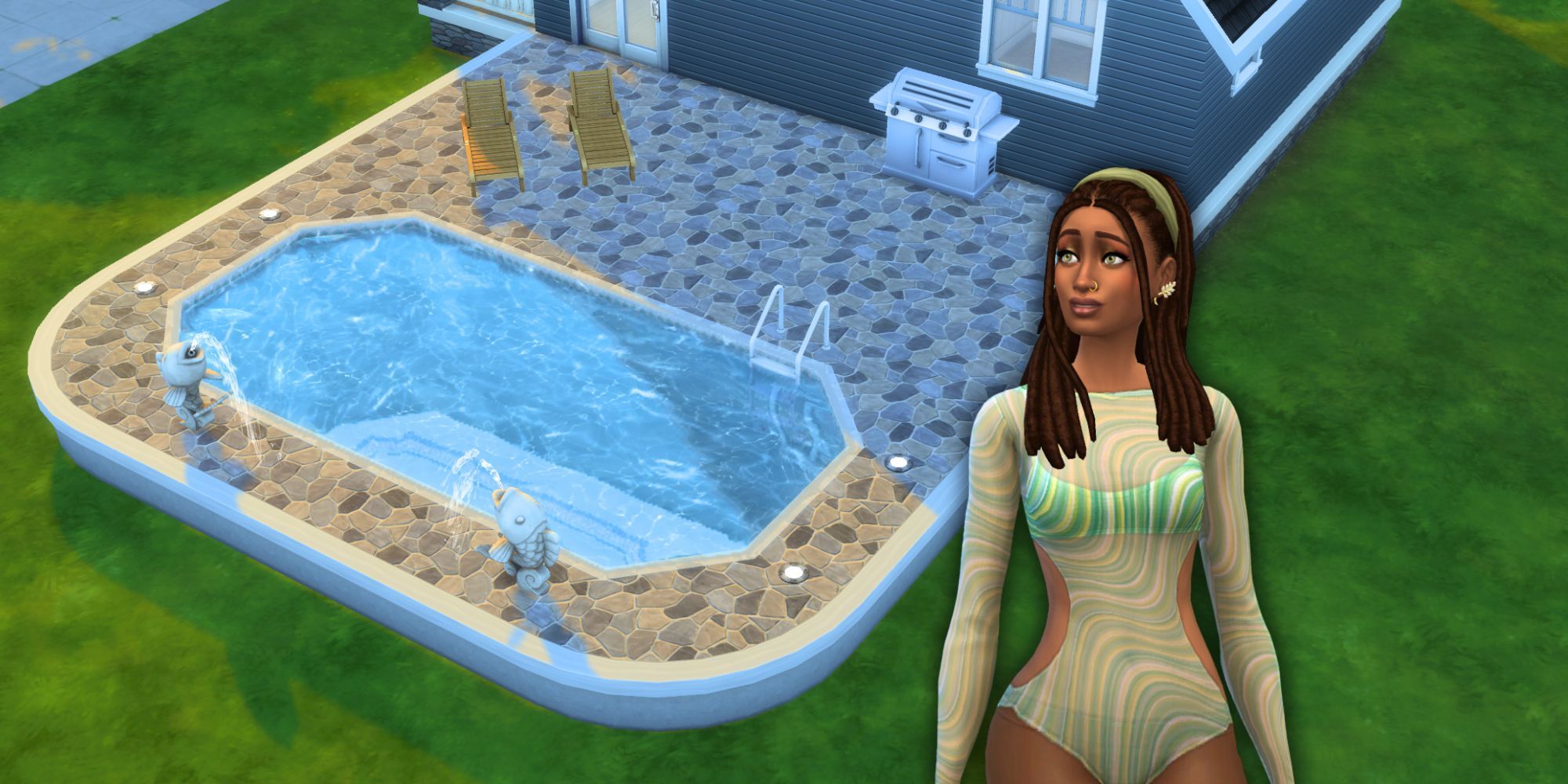 In the foreground, a feminine Sim with dark, long locs wears a green mesh bathing suit and a matching green headband. She looks thoughtfully up toward the background, which shows a suburban home with a large pool and patio.