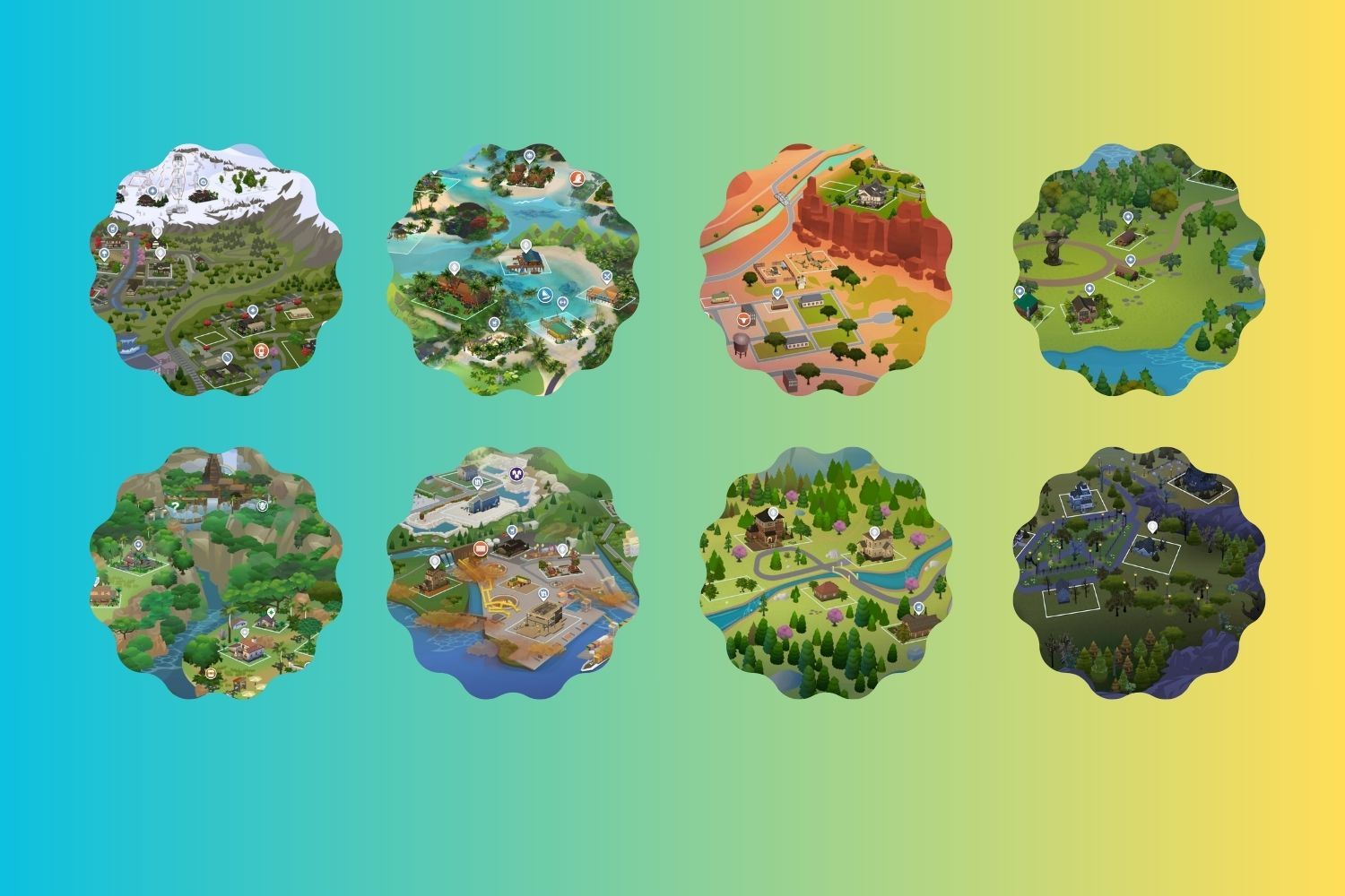 Eight icons show the maps of Mt. Komorebi, Sulani, Strangerville, Granite Falls, Selvadorada, Evergreen Harbor, Glimmerbrook, and Forgotten Hollow