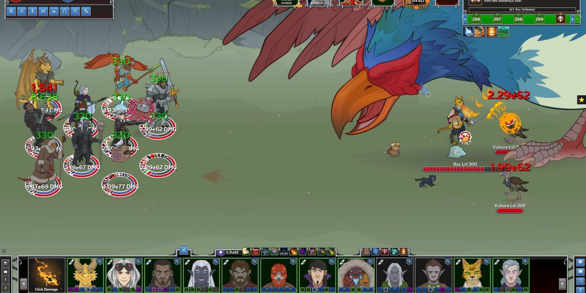 A six man party fighting a giant red and blue bird in Idle Champions Of The Forgotten Realms.