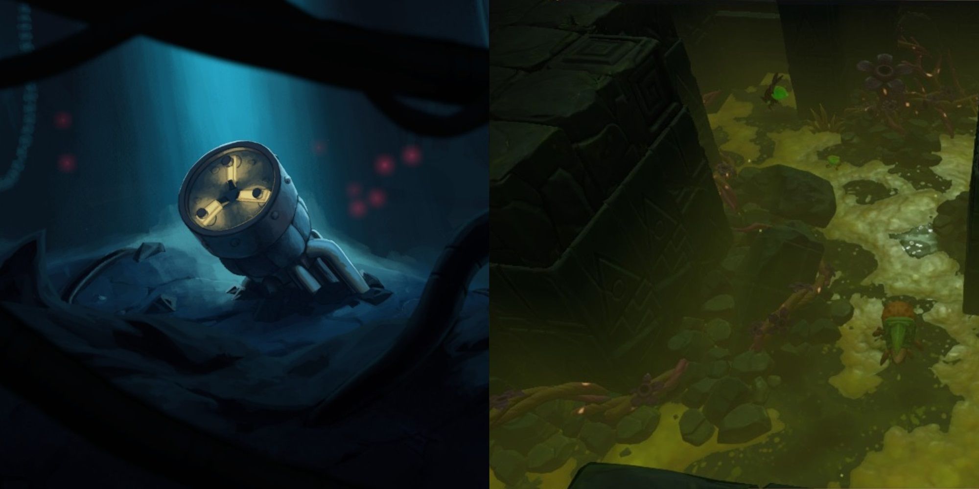 Split image featuring cutscene art of a Rocket Part in the dirt with red eyes in the distance and a section of Marshy Ruins showing ruins, Beetle enemies and vines in its depths in Steamworld Build.