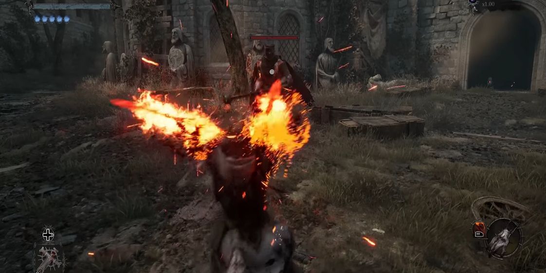 Harkyn's sword glowing red with flames in Lords of the Fallen