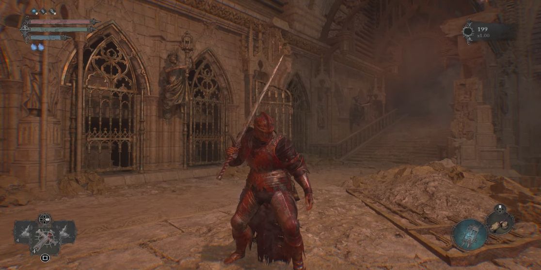 Lords of the Fallen Harkyn wearing the Pieta's Armor set with a sword in hand