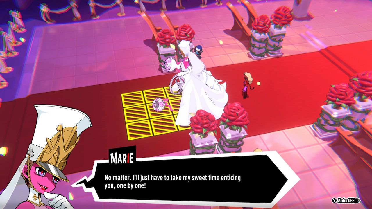 Marie in front of one of her explosive bouquets in Persona 5 Tactica