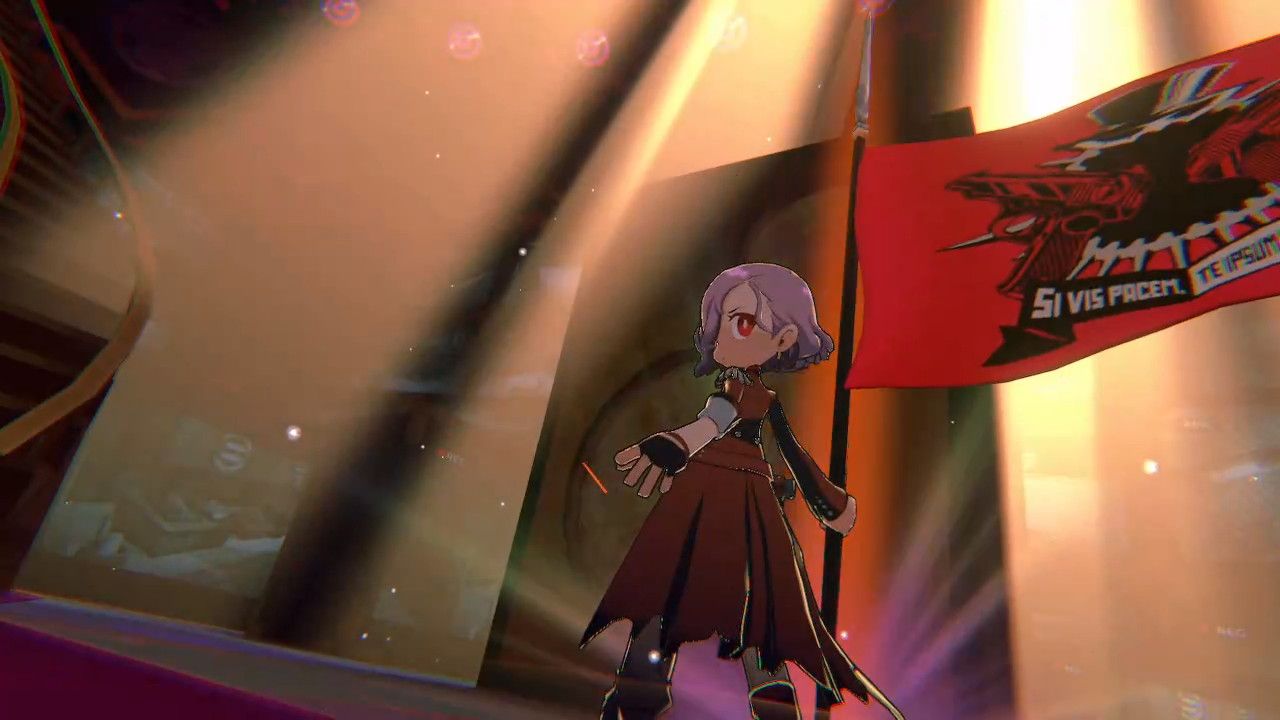 A screenshot of Persona 5 Tactica where Erina is holding her flag in the middle of the room.