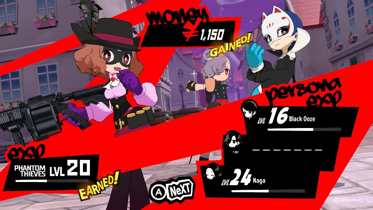 A screenshot of the after battle rewards screen showing Yusuke Kitagawa, Haru Okumura, and Erina