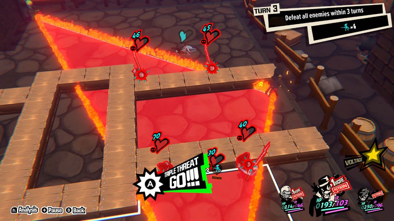 A screenshot of Persona 5 Tactica showing a triangle attack that has every enemy but one caught in it
