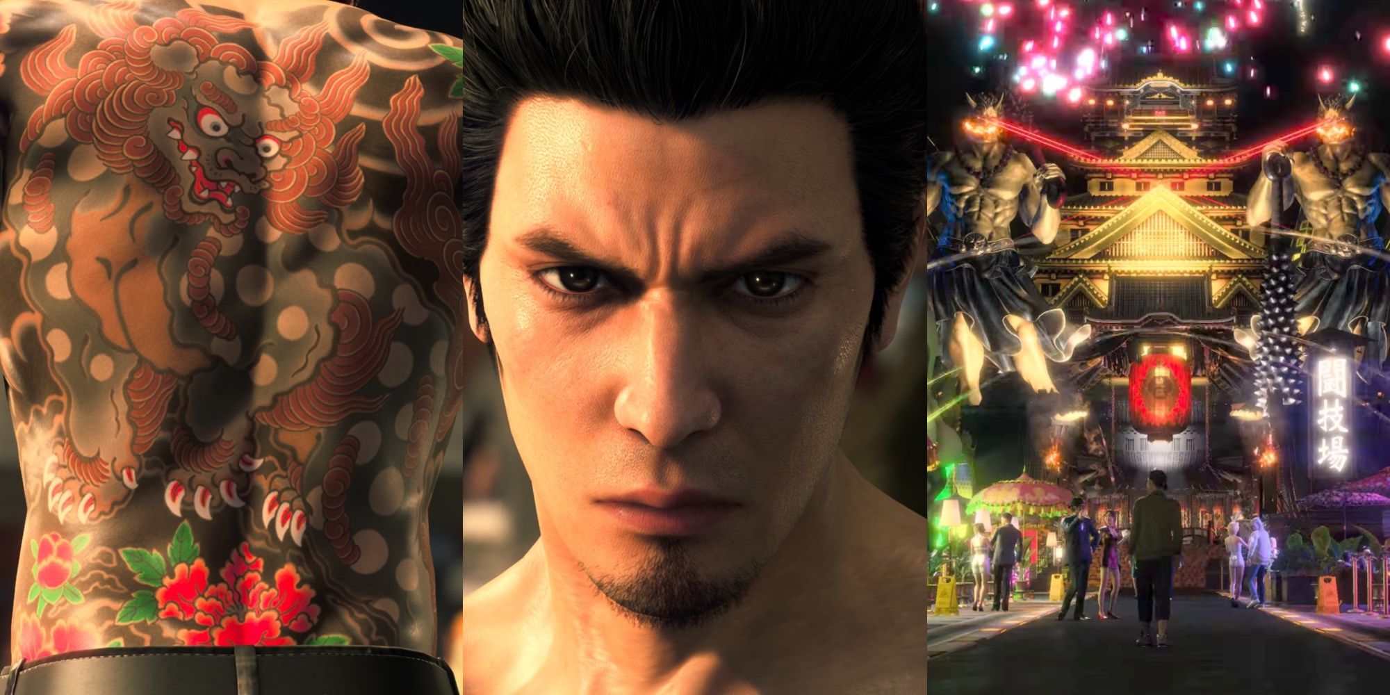 A split image of a tattoo, Kiryu looking angry, and The Castle in Like A Dragon Gaiden: The Man Who Erased His Name.
