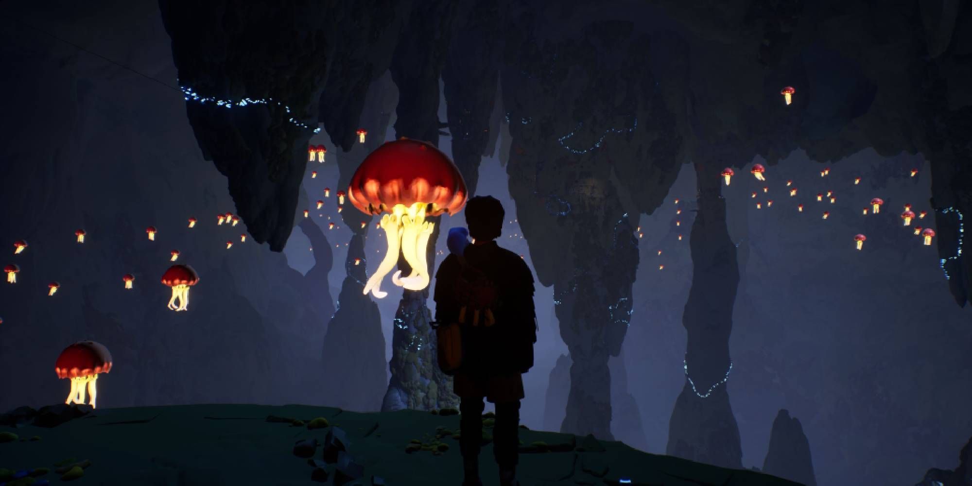 jusant main character in cave facing countless floating glowing mushrooms