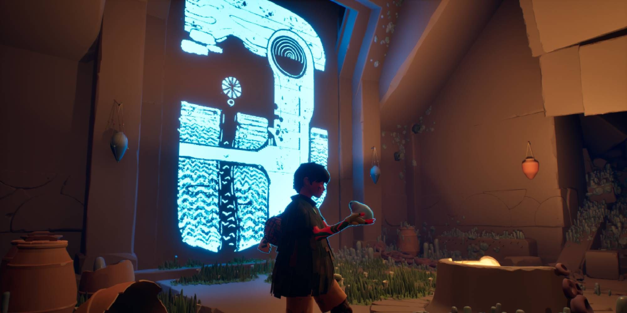 jusant main character standing by glowing piece of art found using focus