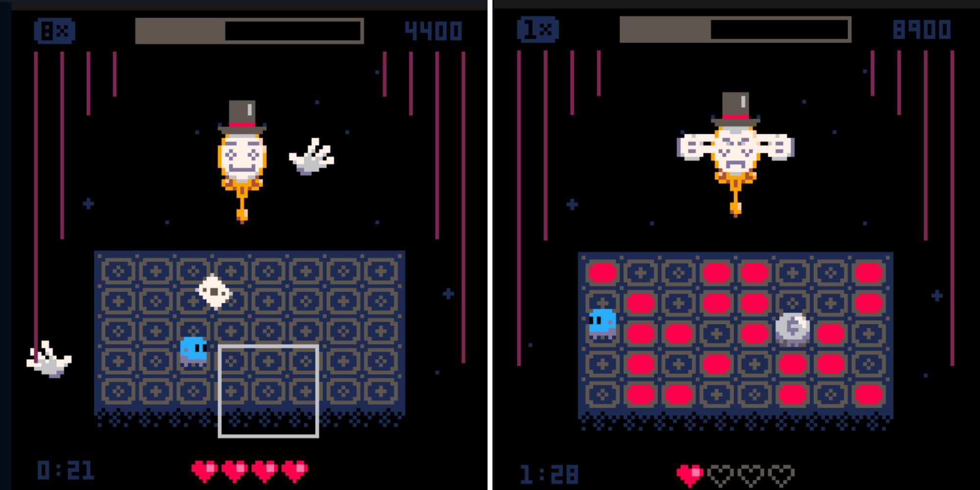 A split image of an 8-bit, grid-like floor, a blue player character, red tiles and hearts, and a magician boss wearing a black top hat.