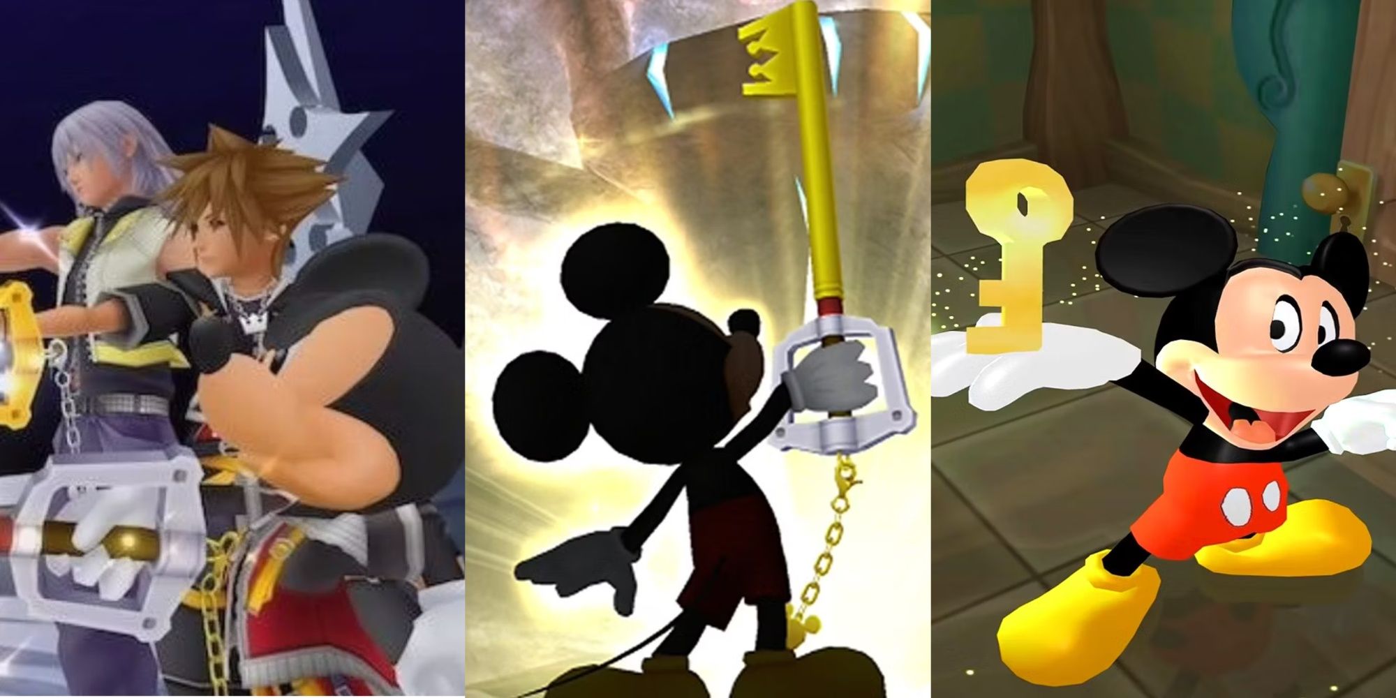 A split image showing Sora, Riku, and Mickey Mouse, Mickey Mouse Silhouette, and Mickey Mouse in Disney's Magical Mirror.