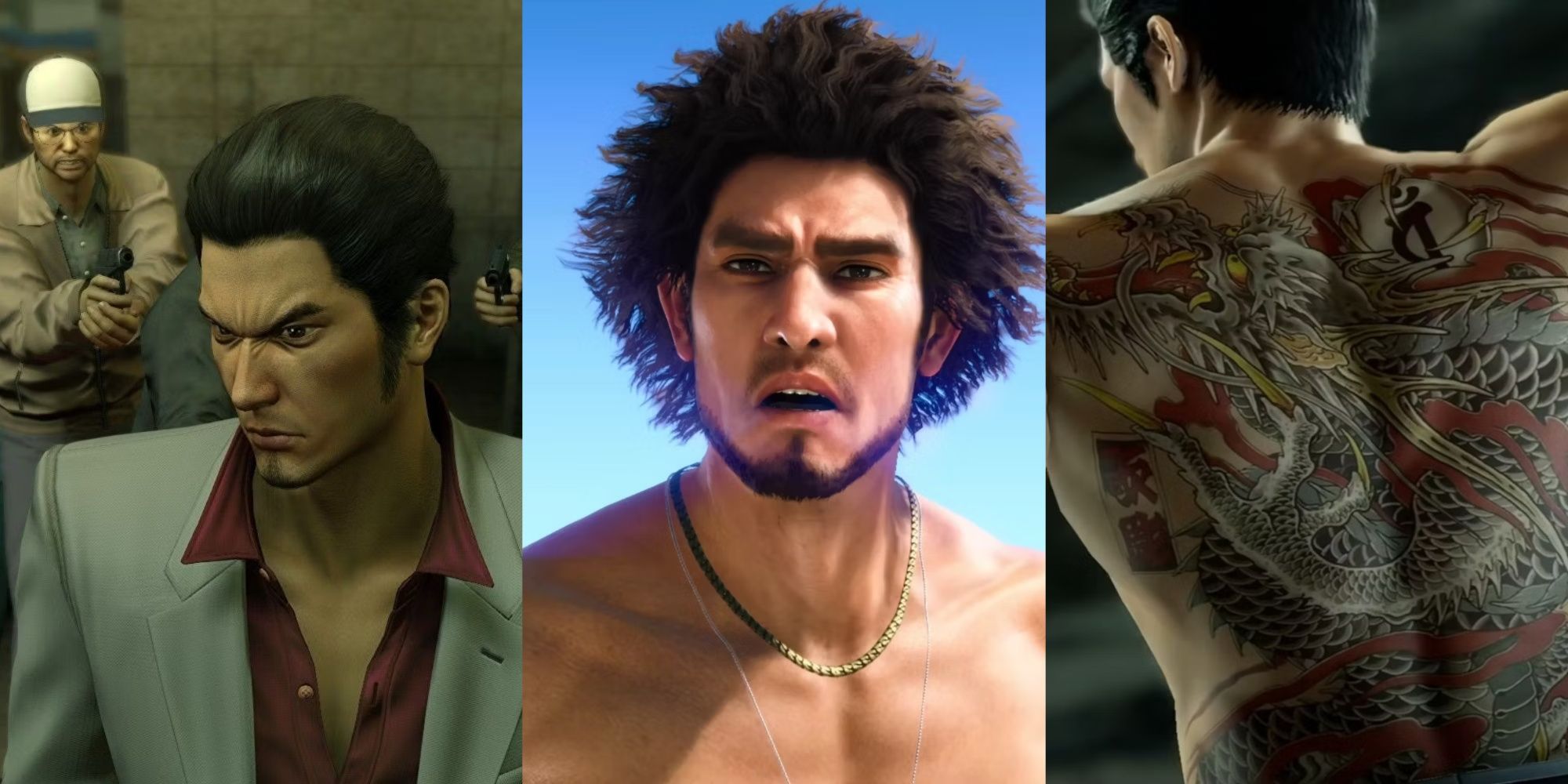 Kiryu held at gunpoint from behind, Ichiban with a shocked expression and a blue sky background, and Kiryu revealing his dragon back tattoo, left to right