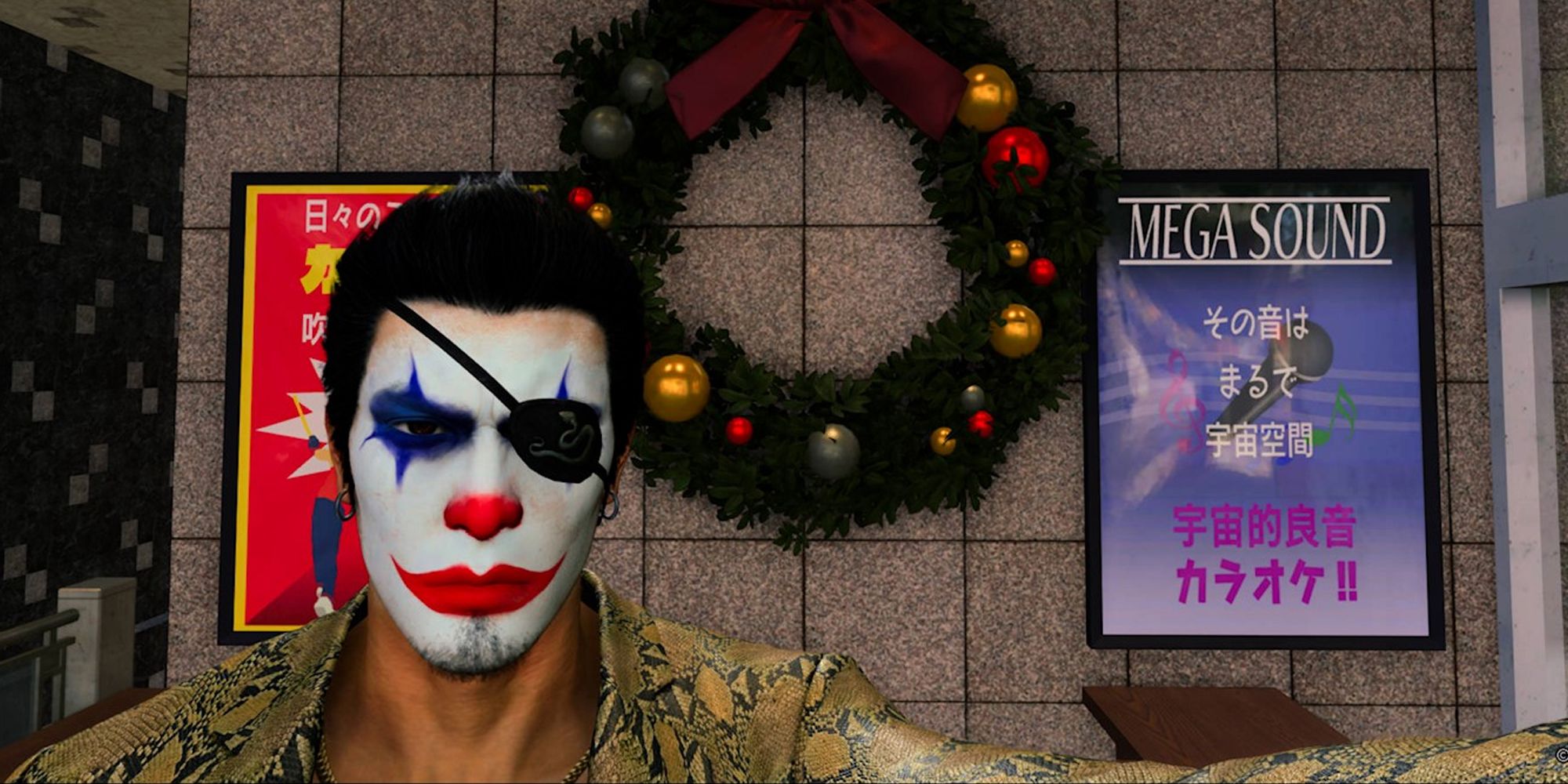 Kiryu in clown makeup in front of a wreath with golden balls in Like a Dragon Gaiden.