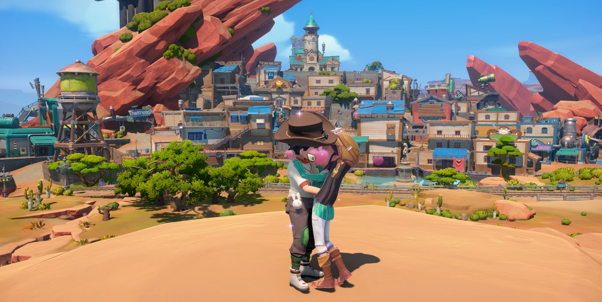 a builder kissing mi-an in front of the town of sandrock my time at sandrock