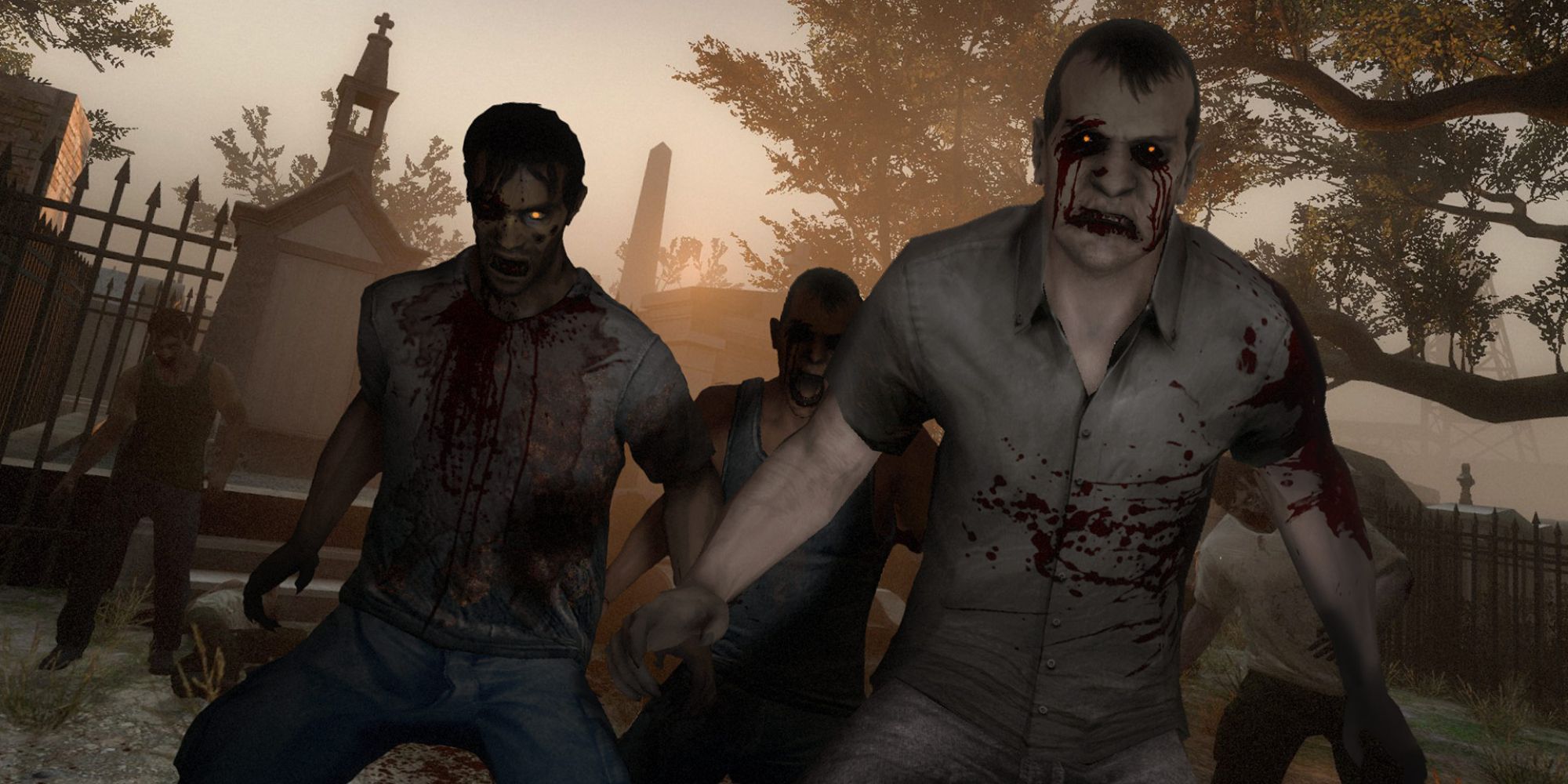 A small group of Infected zombies in a graveyard in Left 4 Dead 2