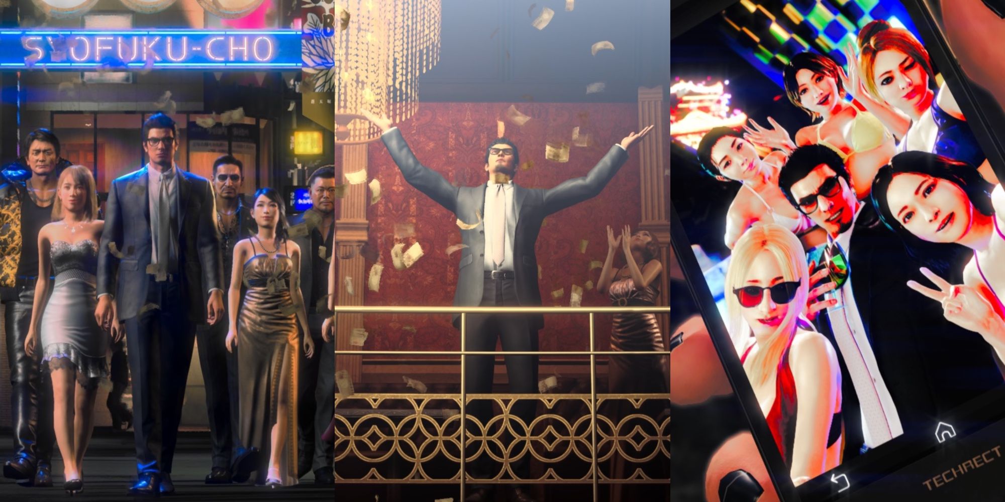 A split image of Joryu walking with his posse, throwing money, and hanging out with hostesses in Like A Dragon Gaiden: The Man Who Erased His Name.