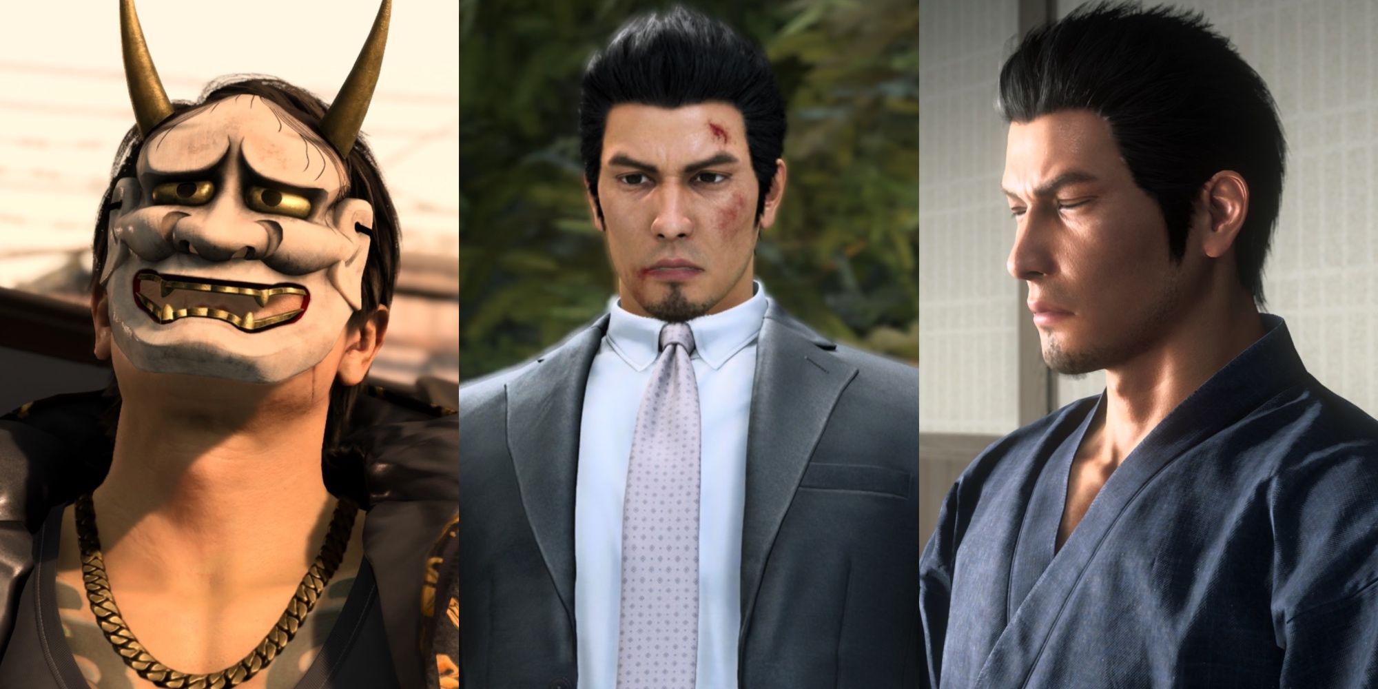 A split image of the man in a Hannya Mask, and Kiryu both beat up and in a robe In Like A Dragon Gaiden: The Man Who Erased His Name.