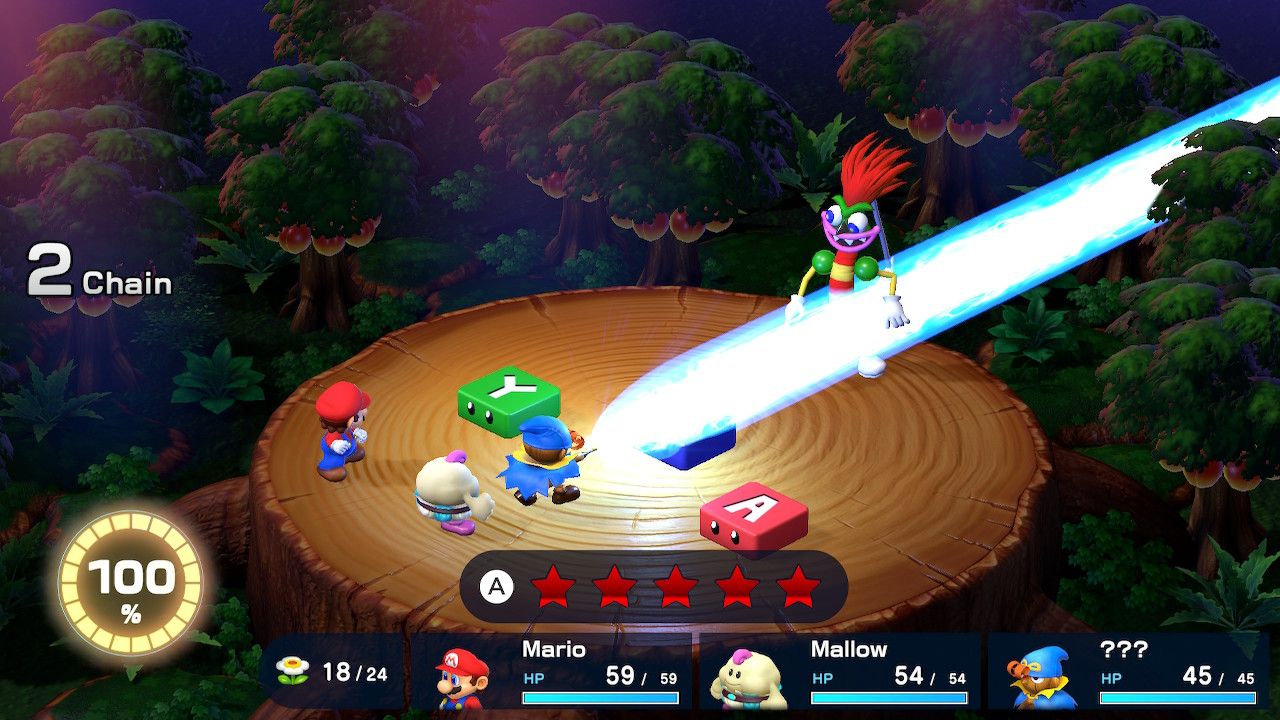Geno using his beam attack to strike a foe in Super Mario RPG.