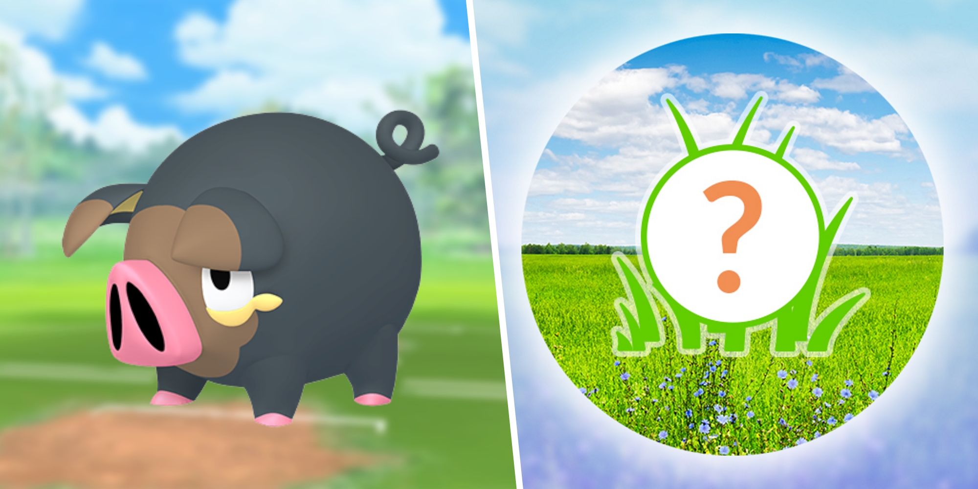 Image of Lechonk from Pokemon split with an image of the Pokemon Go wild encounter symbol