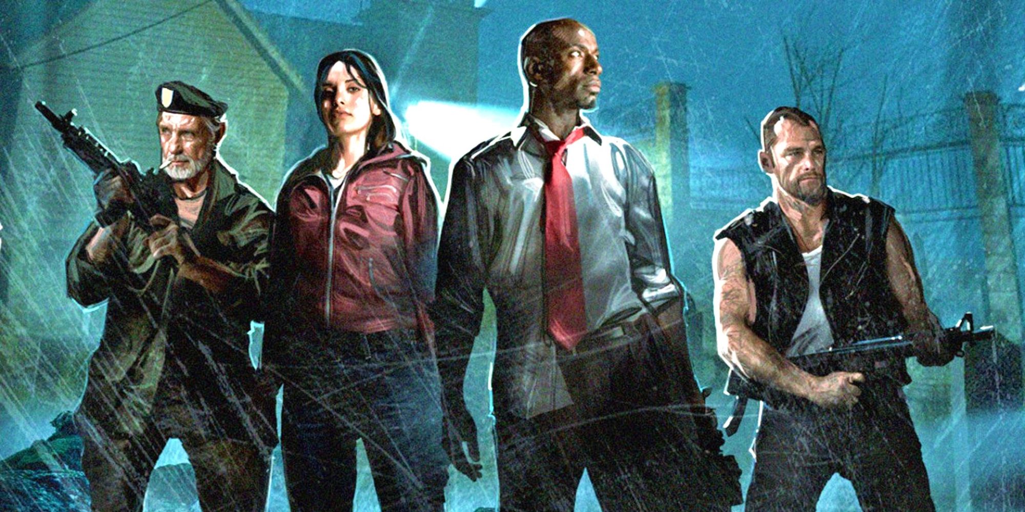 Left 4 Dead main character Bill, Zoey, Louis, and Francis stood in a line holding weapons
