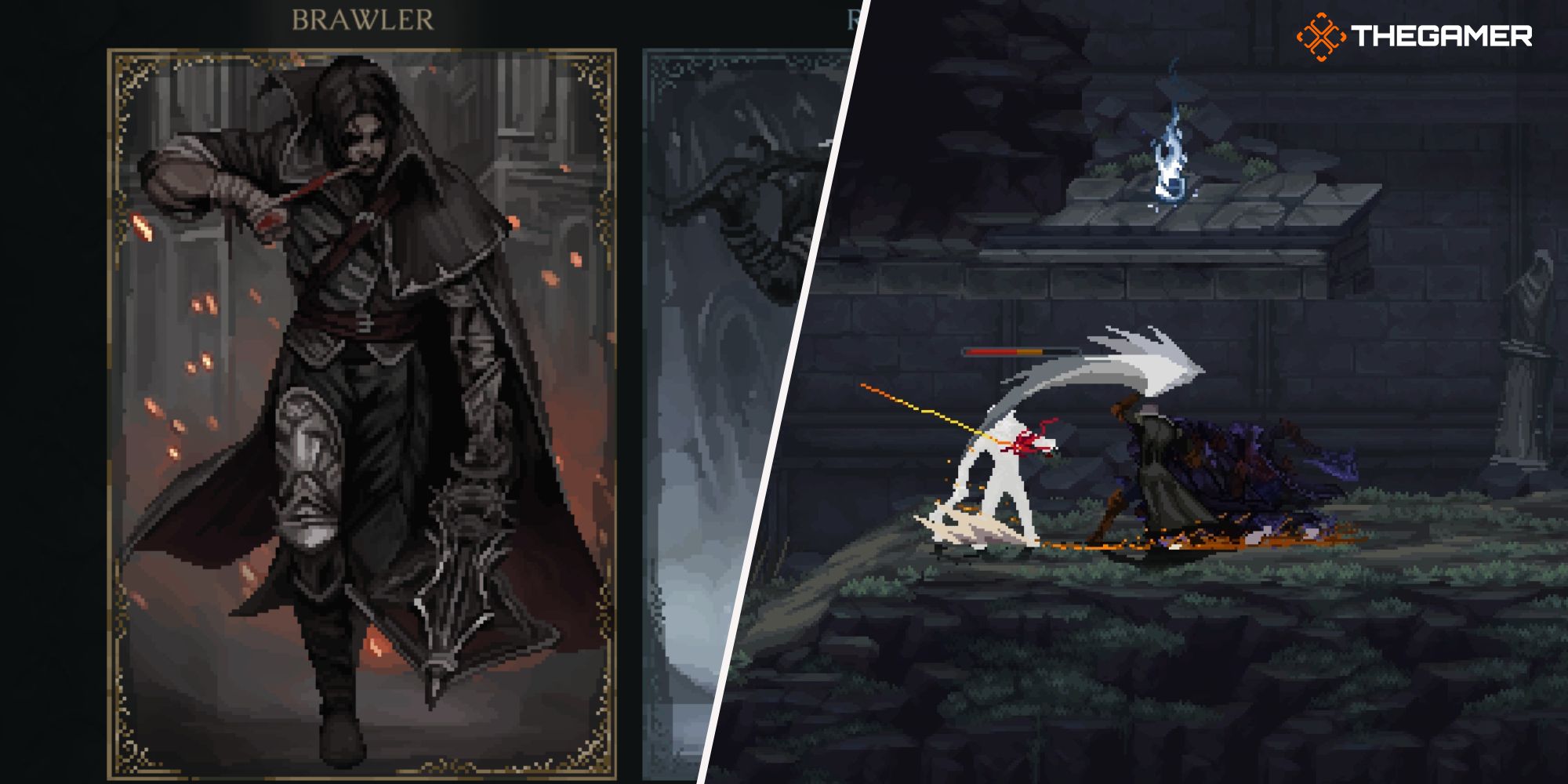 Left: Brawler class - Right: Player attacking an enemy with an axe the Last Faith