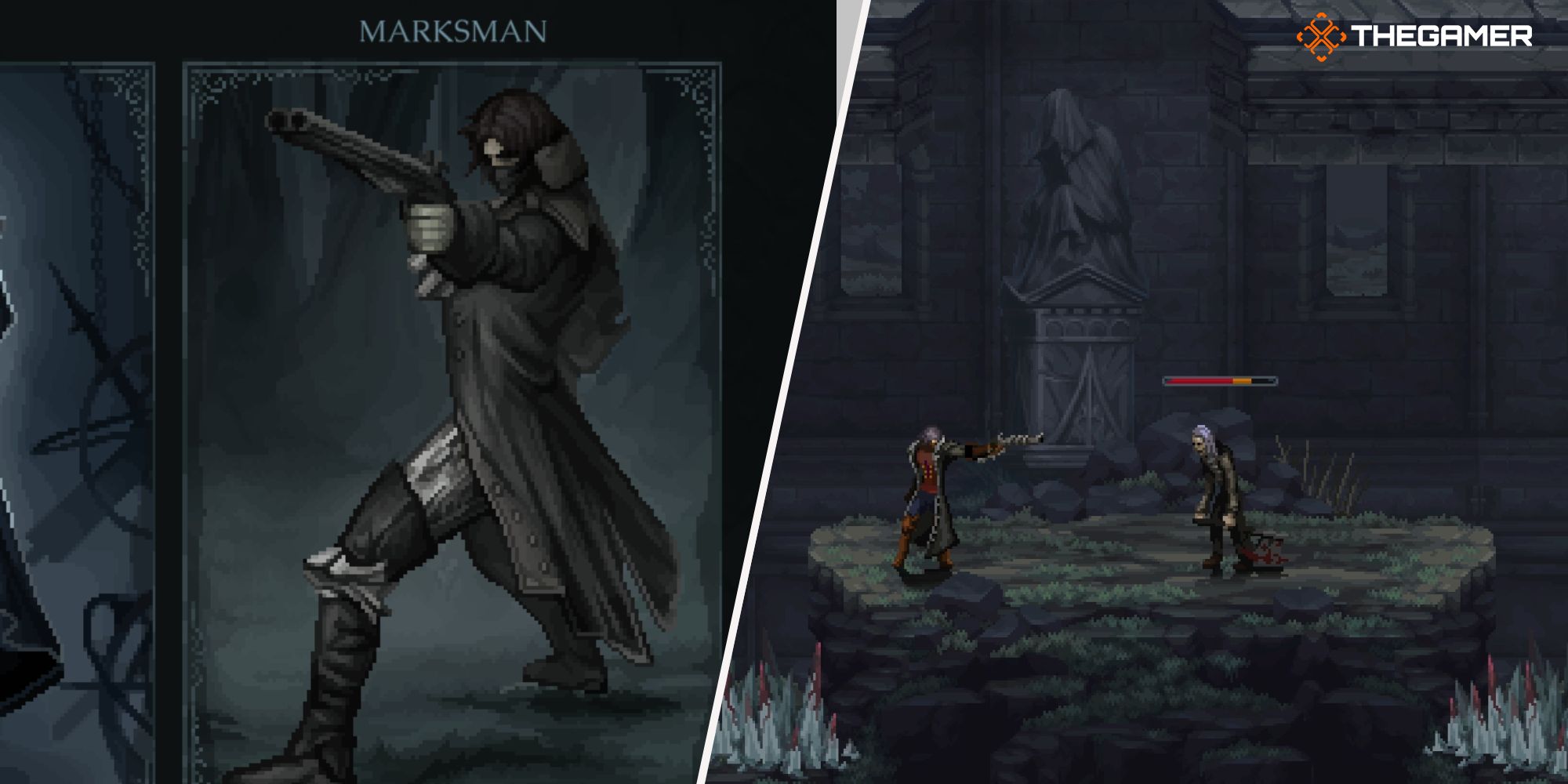 Left: Marksman class - Right: Player aiming with his gun toward an enemy the Last Faith