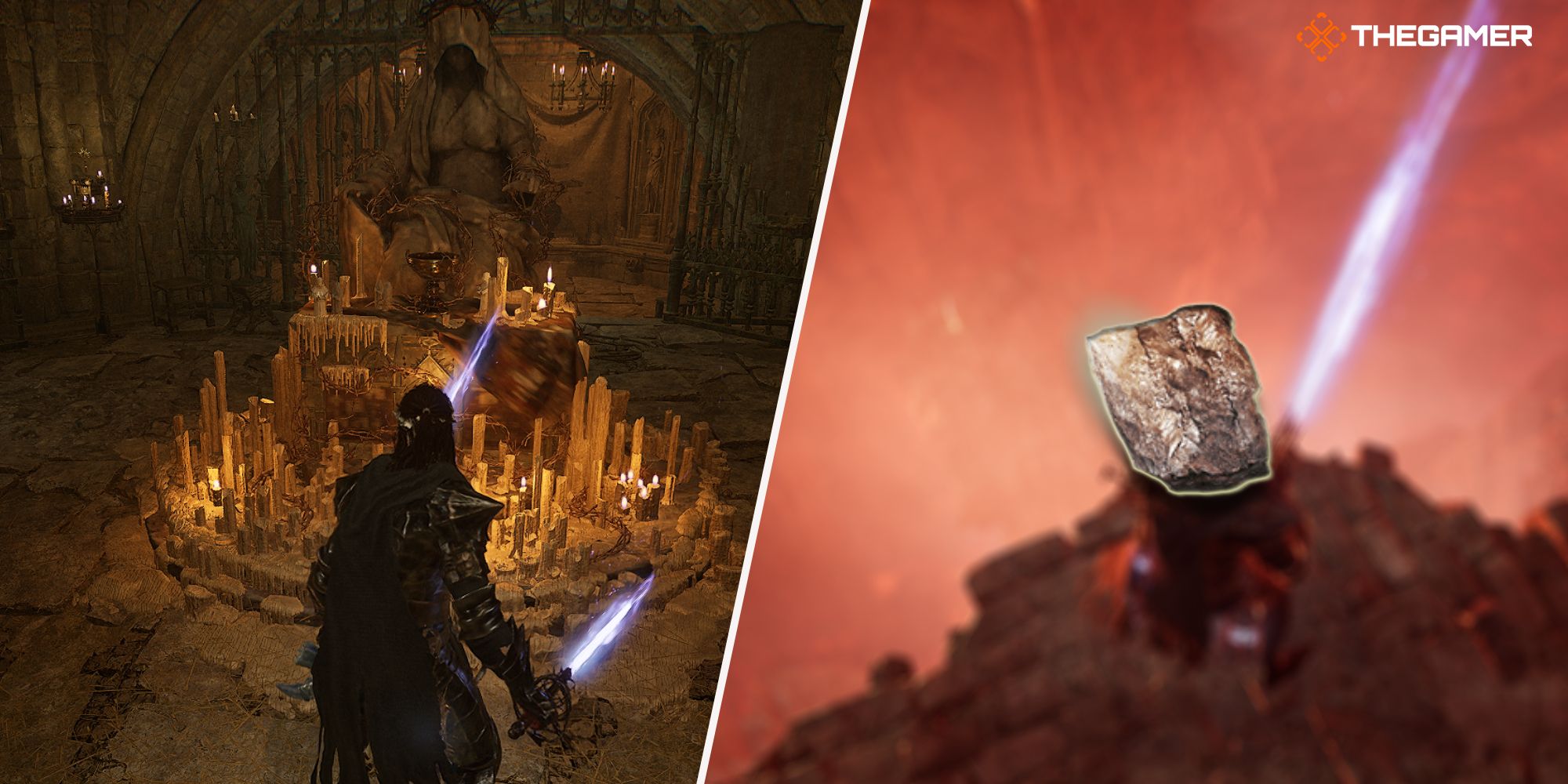 Left: Player standing next to the Shrine of Orius - Right: An icon of Deralium Chunk Lords of the Fallen
